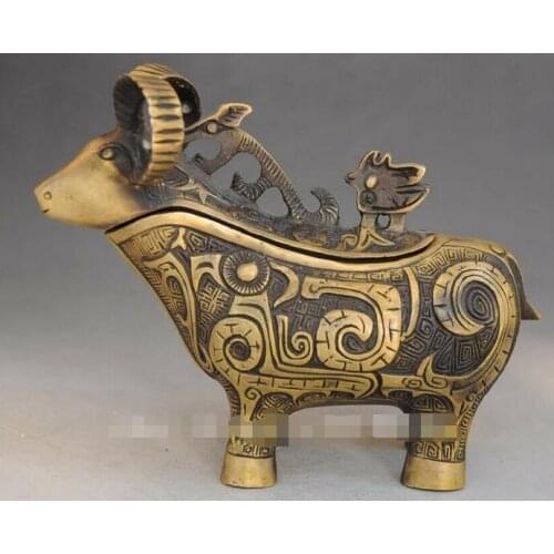 Chinese old pure copper hand-carve sheep statue incense burner statues
