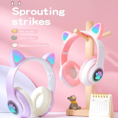 Flash Light Cute Cat Ear WirelessBluetooth Headset With Microphone Bluetooth 5.0 TF Card Child Girl Stereo Sound Headse Gift