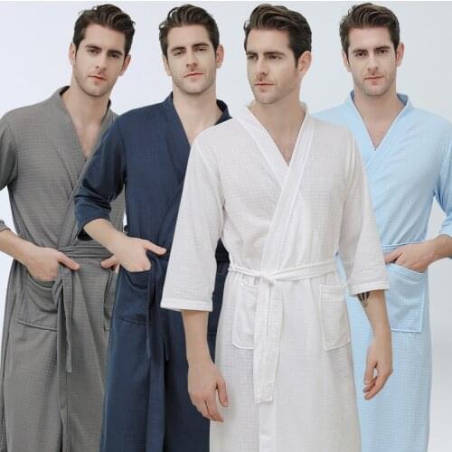 Men Sleepwear Men Nightgowns Kimono Robe Cotton Bathrobes Homewear Pijama Long Sleeved Robe Peignoir Homme