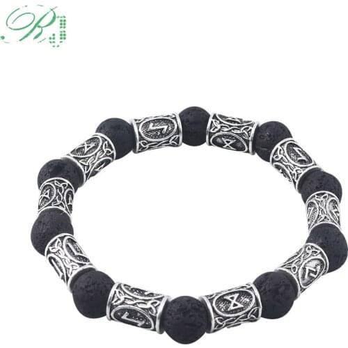 RJ Dropshipping Vintage Lava Stone Beads Bracelets Thor Hammer Black Panther Amulet Rune Norse Viking Bangles Men Jewelry Gifts