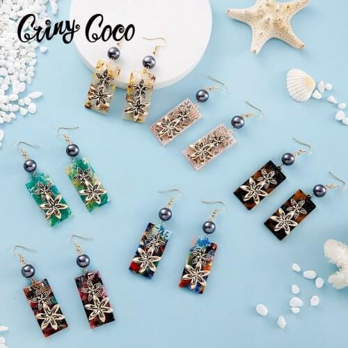 Cring Coco Flower Drop Earrings Womens Multi-Color Hawaii Polynesian Trendy Acrylic Resin Jewelry Dangle Earring for Woman 2021