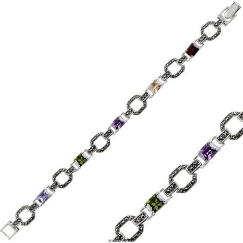 Silver 925 Sterling Marcasite & Zircon Crystal Bracelet