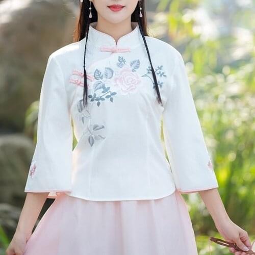 Traditional Chinese Style Clothing Women Tops Embroidery Loose Blouses Cheongsam Vintage Buckle Hanfu Shirts Tang Suits 12196