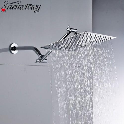 Ultra-Thin Rain Shower Chrome Shower Solid Brass Angle Adjustable Extension Arm Wall Hanging Square Folding Shower Head