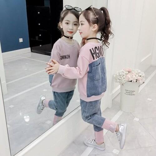 Spring Fall Girls Sport Suit Children Fashion Individual Denim Spliced Clothing Set For Teenager Kids Tracksuit Sportswear B217