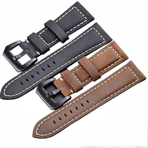 High Quality Vintage Crazy Horse Genuine Leather Watchband Red Blue Brown Watch Straps 22mm 24mm 26mm Wristband Solid Buckle