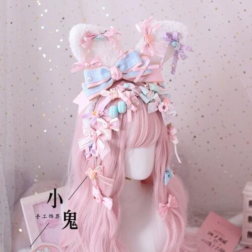 Lolita Sweet Japanese Soft sister Hair clip Pink blue plaid Bowknot Hair ring Cute Lolita KC headband handmade Lolita headdress