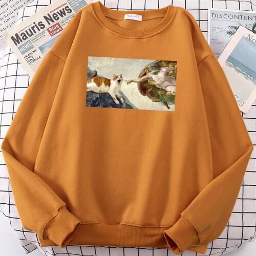 Cat Breaking Into A Famous Painting Sweatshirts Women Crewneck Loose Streetwear Harajuku Cute Cartoons Hoodies Womens Clothing