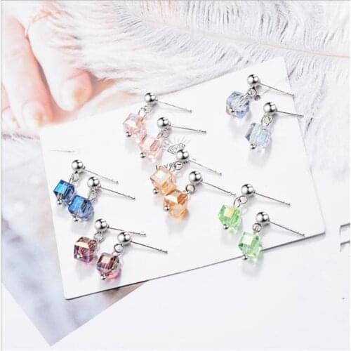 TJP Top Quality Color Crystal Female Stud Earrings Jewelry Fashion Silver 925 Girl Pink Earrings Accessories Lady Birthday Gift