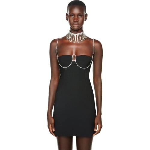 2021 new summer female net red with sexy thin shoulder strap diamond V-neck Kylie Jenner fashion party tight mini bandage dress