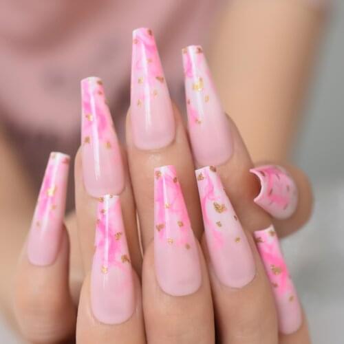 Golden Leaf Pointing Rising Fog Nails Extra Long Original Nails Coffin With Design Fingernails Tip Charms Pink Color Full Cover
