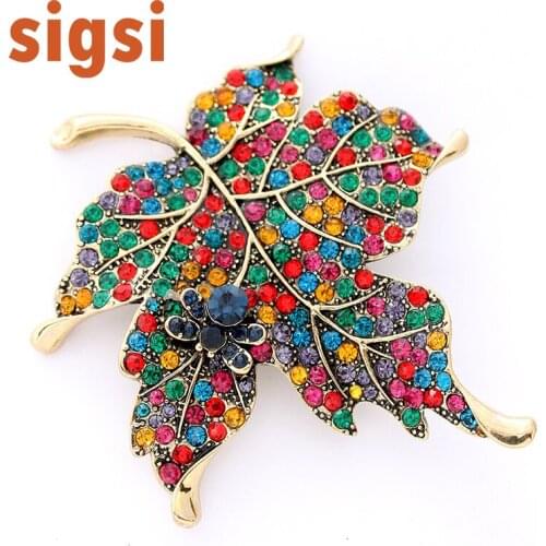 70x87mm Multi Color Rhinestone Brooch Crystal Maple Leaf Brooch Pins for Wedding Plant Costume Jewelry For Women