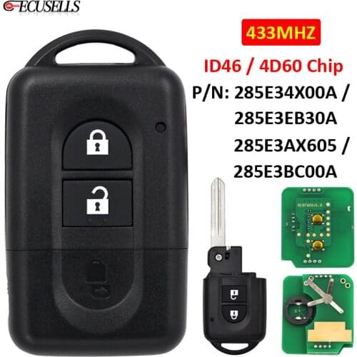 2B Remote Car Key 433Mhz 4D60 / ID46 Chip 285E3AX605 / 285E3BC00A / 285E3EB30A for Nissan Juke Navara Micra Xtrail Qashqai Note
