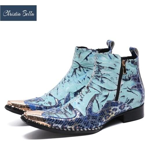 Christia Bella Printing Men Shoes Genuine Leather Boots New Fashion Simplicity Metal Pointed Toe Boots Large Size Short Boots