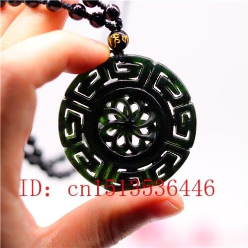 Chinese Black Green Jade Double Side Hollow Windmill Pendant Natural Hand Carving Necklace Amulet Luck Gifts Men Sweater Chain