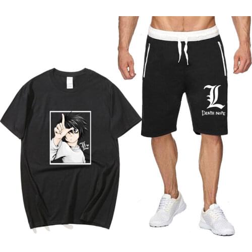Japan Anime Death Note print Summer Two Piece Set cotton mens T-shirt Sports Shorts Streetwear Harajuku pantsuit Sets