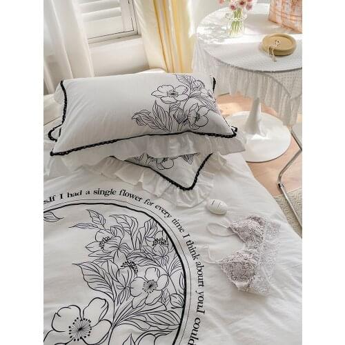 Korean Princess Style Bedding Set Yarn-dyed Washed Cotton White Embroidery Quilt Cover Pillowcase Twin King Queen full 4 PCS