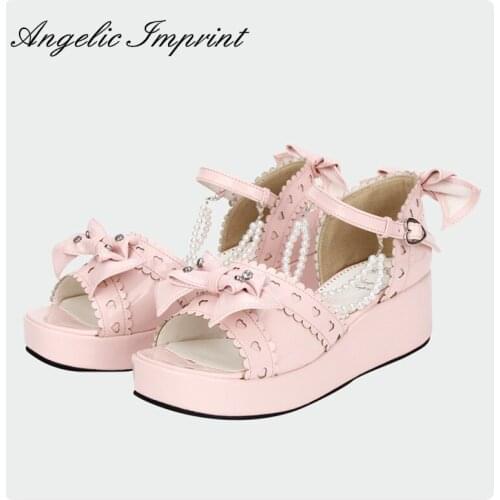 Lovely Sweetheart Bowknot & Pearl Chain Princess Girls Summer Sandals Ankle Strap Sweet Lolita Wedge Shoes PINK