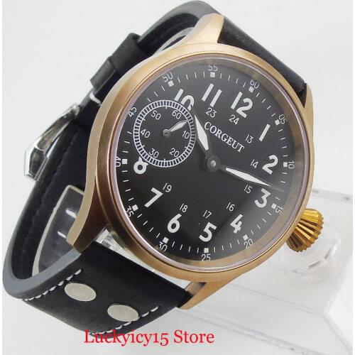 CORGEUT Classic Hand Winding Men Wristwatch Black Dial 6497 Movement Bronze Coated Case Leather Strap