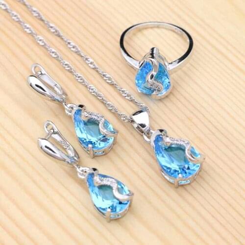 925 Sterling Silver Bridal Jewelry Sky Blue Cubic Zirconia Trendy Jewelry Sets For Women Wedding Earrings/Pendant/Necklace/Ring