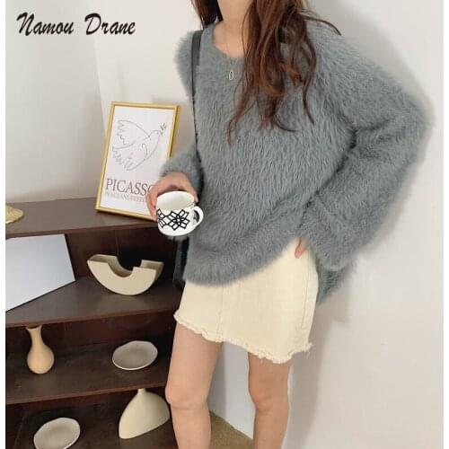 Namou Drane 2021 New Mink Fleece Sweater Women Autumn and Winter Wear Korean Loose Lazy Style Pullover V-neck Sweater Coat