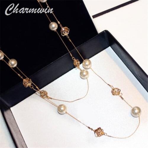New Camellia Long Necklaces For Women Necklace Double-layer Flowers Cubic Zirconia Imitation Pearl Sweater Chain Necklace