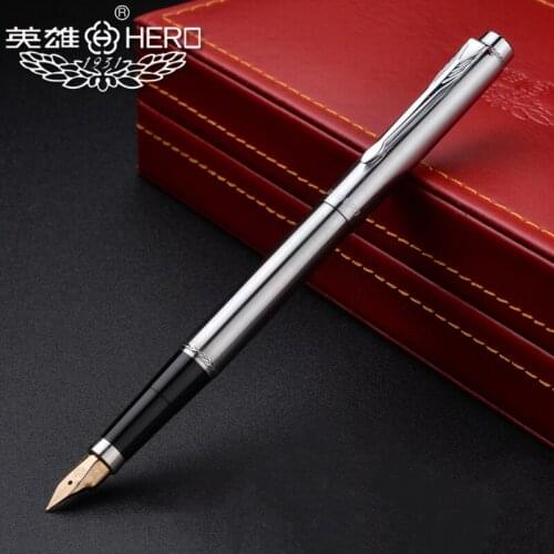 Hero 200A 14K Gold Collection All Steel Silver Fountain Pen Silver Clip Fine Nib 0.5mm Gift Pen and Gift Box for Business Office