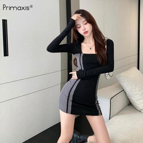 Primaxis long sleeve maxi bodycon Midi sexy Square collar Party dress dresses woman autumn 2021 casual womens dresses