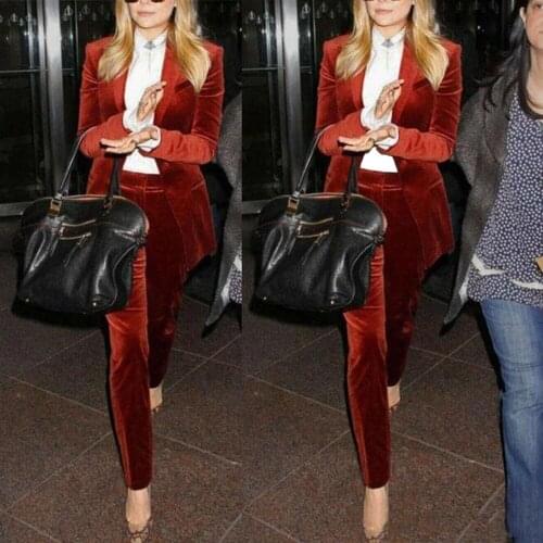 VEIAI Velvet Women Red Mother of The Bride Suits Long Sleeve Blazer Female Pants Suit Tuxedos Business Suit 2 Piece Set Women
