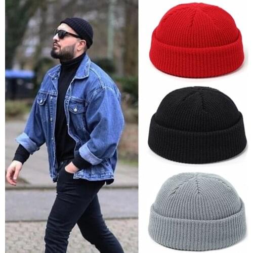 Knitted Beanie Hat Men Skullcap Women Winter Warmer Retro Brimless Baggy Melon Cap Black Cuff Docker Beanies Hats For Men