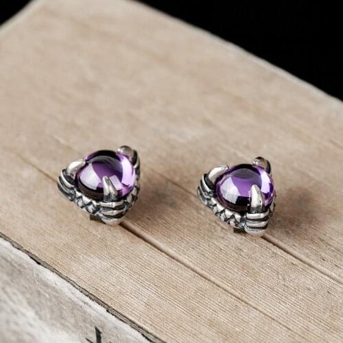 Punk Gothic Style Jewelry S925 Sterling Silver Dragon Claw Round Shape Amethyst Stud Earring For Women
