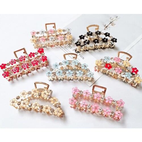 New Fashion metal large grip clip colored flowers rhinestone hairpin Pan Hair Claw For Women girl Hair accessories Headdress