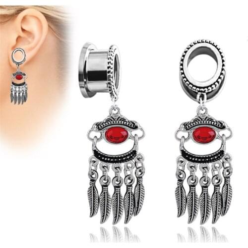 1PCS 2019 New Stainless Steel Vintage Ear Plugs And Tunnels Tassel Leaves Women Flesh Body Piercing Ear Tunnel Body Jewelry