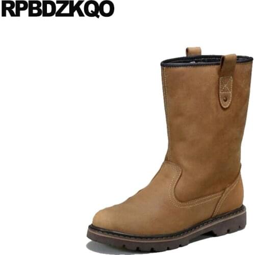 Runway Boots Italian Designer Slip On Fall Mid Calf Short Full Grain Brown Autumn Durable Genuine Leather Fashion Mens Shoes