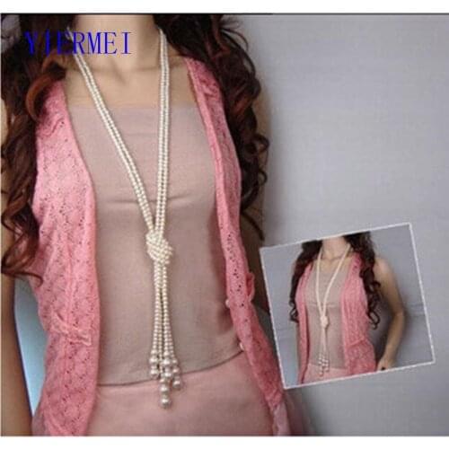 Classic double knot imitation pearl tassel long necklace long knotted tassel necklace female fashion sweater costume jewelry gif