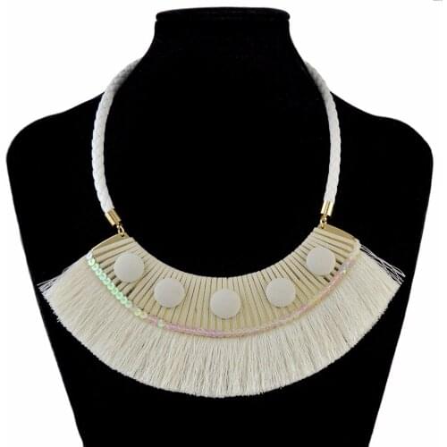 Gypsy Women Long Necklace Statement Bohemian Boho Vintage Enthic Cotton Fringed Tassel Pendant Necklace Tribal Turkish Party