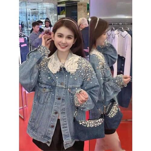 European fashion denim jacket 2021 fall new beaded denim jacket lace doll collar full diamond handsome jacket female