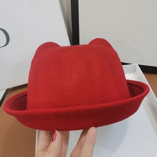 HT491 Fashion Parent-child bowler hat felt Fedora hats for Women Girls Children solid Cat Ear formal cap trilby Sombrero Derby