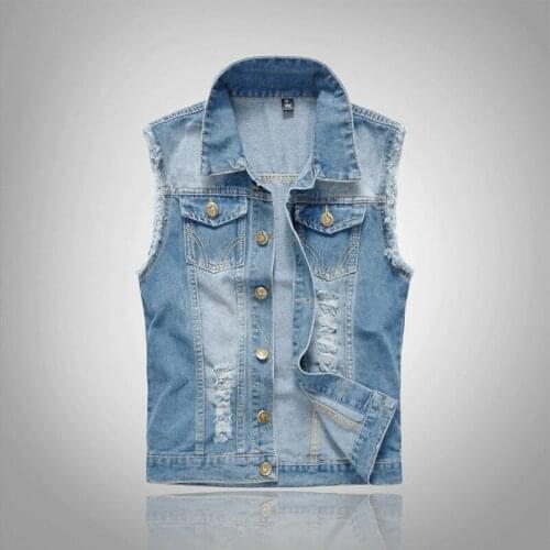 2019 Cotton Jeans Sleeveless Jacket Men Dark Blue Denim Jeans Vest Men Cowboy Denim Vest Mens Jackets