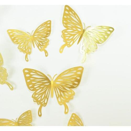 12/24pcs Rose Gold Silver Butterfly 3D Hollow Wall Sticker Living Room Window Fridge Sticker DIY Craft Wallpaper Home Decoration