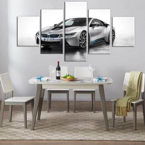 Prints Canvas Wall Art Silver Gray Painting Posters BMW I8 Modular Pictures 5 Panel Modern Home Car Decoration Living Room Frame