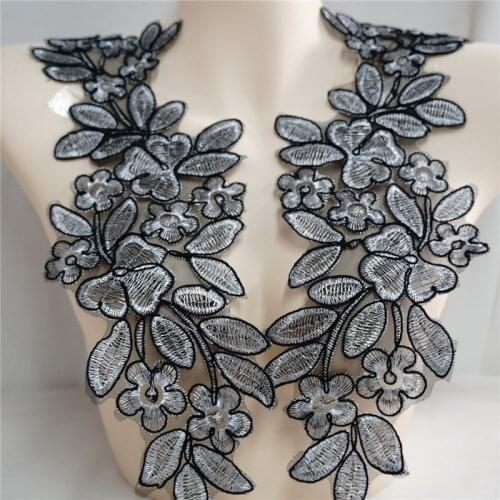 Gray and Black Embroidered Lace Collar DIY Sewing Lace Neckline Fabric Ladies Clothes Applique Black 1 Mirror Pair
