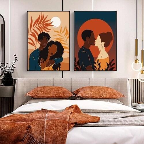 Nordic Modern Couple Characters Canvas Painting Sun Moon Poster and Prints Glowing Tropical Plant Wall Picture for Living Room