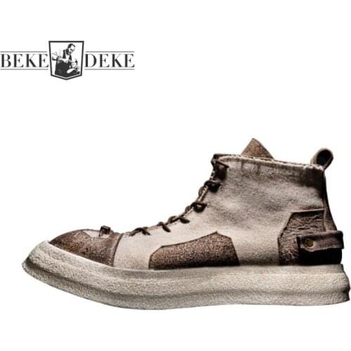 Vintage Canvas High Top Shoes Men Patchwork Genuine Leather Ankle Boots Flat Platform Casual Shoes High Quality Handmade Shoes