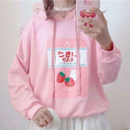 Japanese Kawaii Style Strawberry Print Pink Hoodie Womens Autumn Harajuku Sweet Long Sleeve Cute Hoodie Sweatshirts Clothes Tops