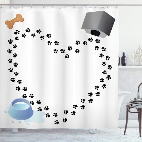 Blue Black Dog Lover Shower Curtain Puppy Love Heart Shaped Trail Paw Prints Bone Kennel Water Drops Bathroom Curtain