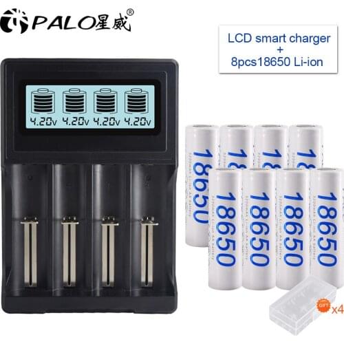 PALO Smart USB charger 18650 battery charger for 18650 16350 18500 3.7V battery+8Pcs 3.7V 3200mAh 18650 rechargeable batteries