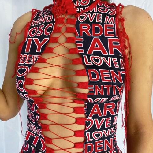 Sisterlinda Sexy Sleeveless Letters Print Hollow Bandage Tank Top Women Outfits Autumn Winter Casualwear Club Party Ladies Tees