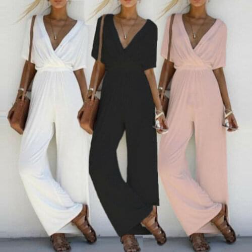 Women Fashion Summer Short Sleeve Wide Legs Boho Long Jumpsuit Romper Trousers Clubwear Party Suit