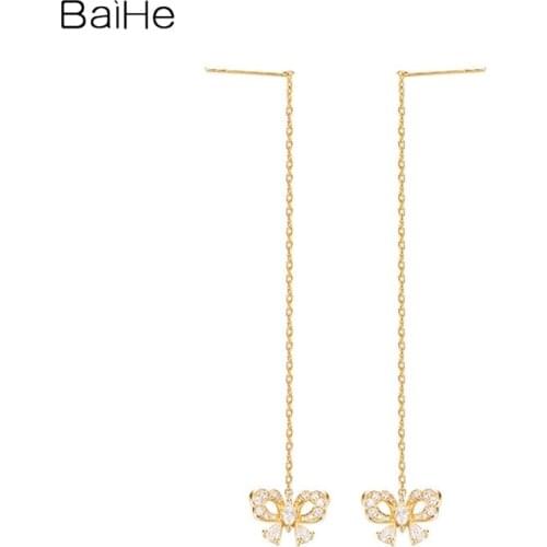 BAIHE Solid 18K Yellow Gold 0.36ct Natural Diamonds Earrings H/SI Wedding Diamond butterfly Earrings for Women Ear line